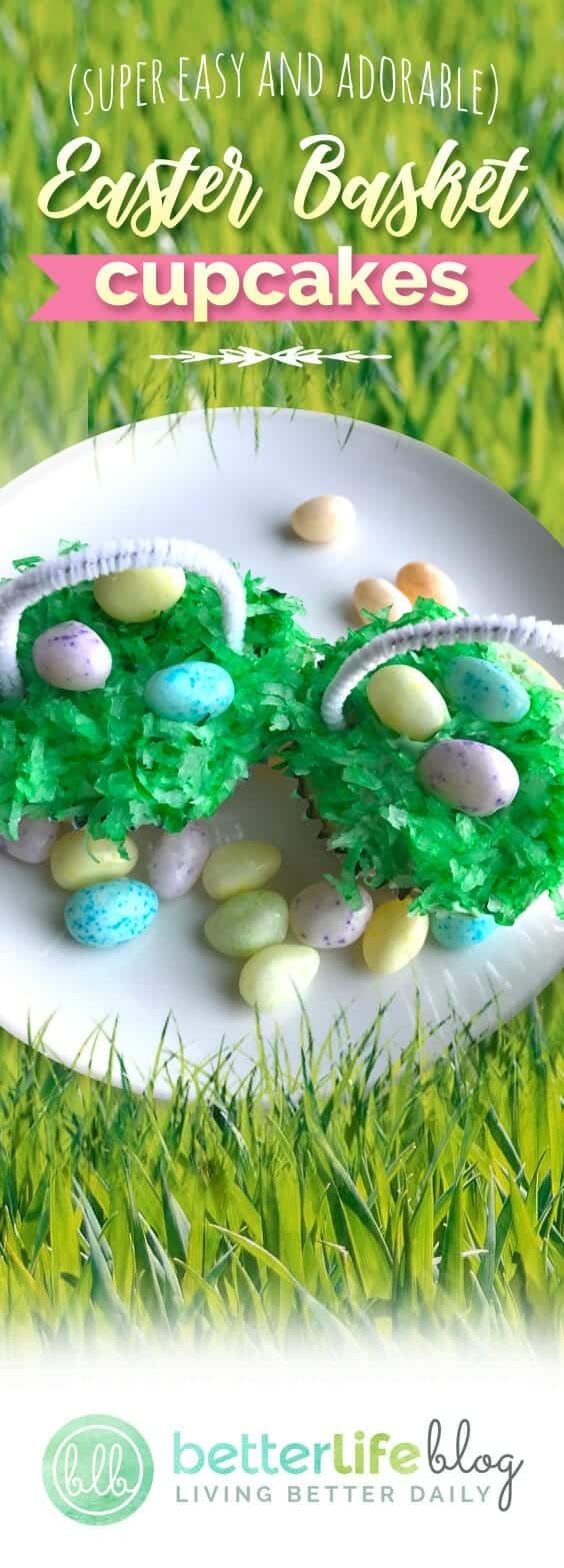 Easter Basket Cupcakes - Adorable Easter Desserts that are easy enough for the kids to help out with! Topped with coconut and Easter candies these cupcakes are super cute and festive. Enjoy!