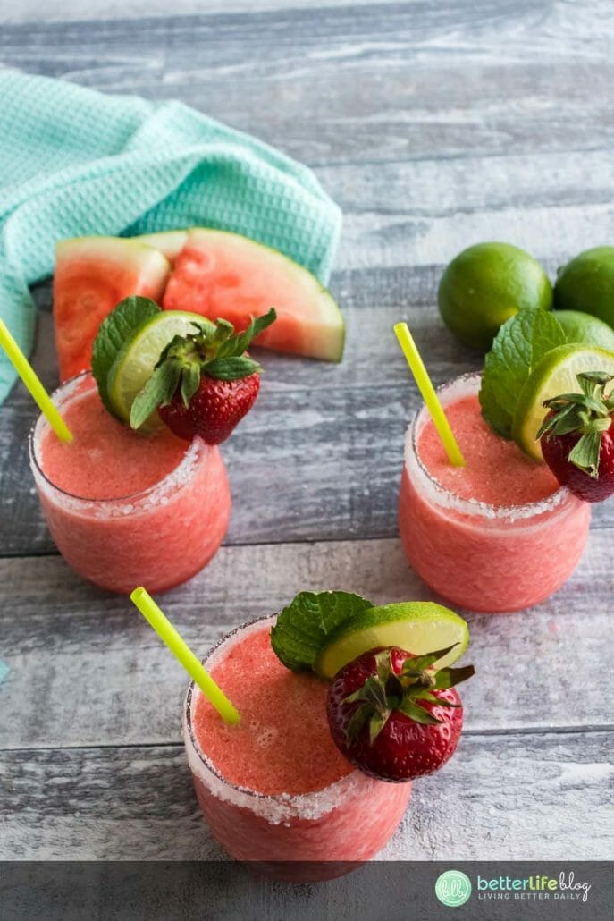 A delicious boozy drink filled with fresh strawberries and watermelon. Cheers!