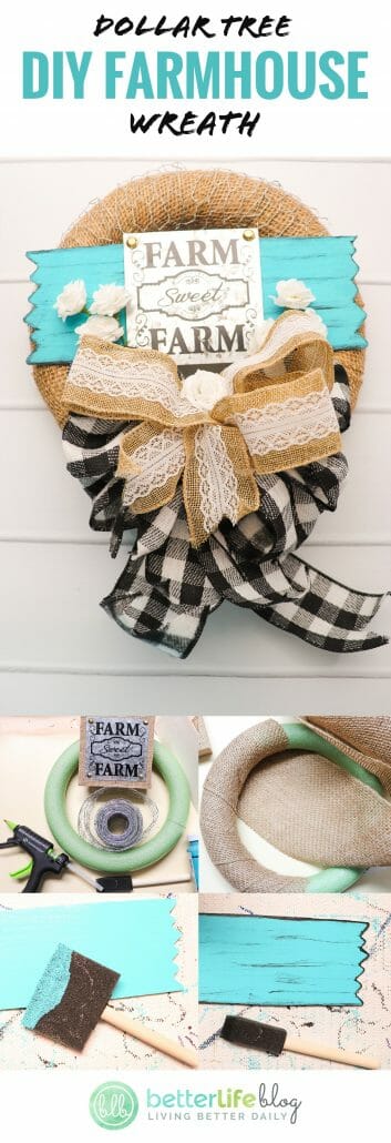 This Dollar Tree Farmhouse Wreath is easy to put together and the result is breathtaking! You can redecorate your home without breaking the bank with this simple and unique DIY. #DIYwreath