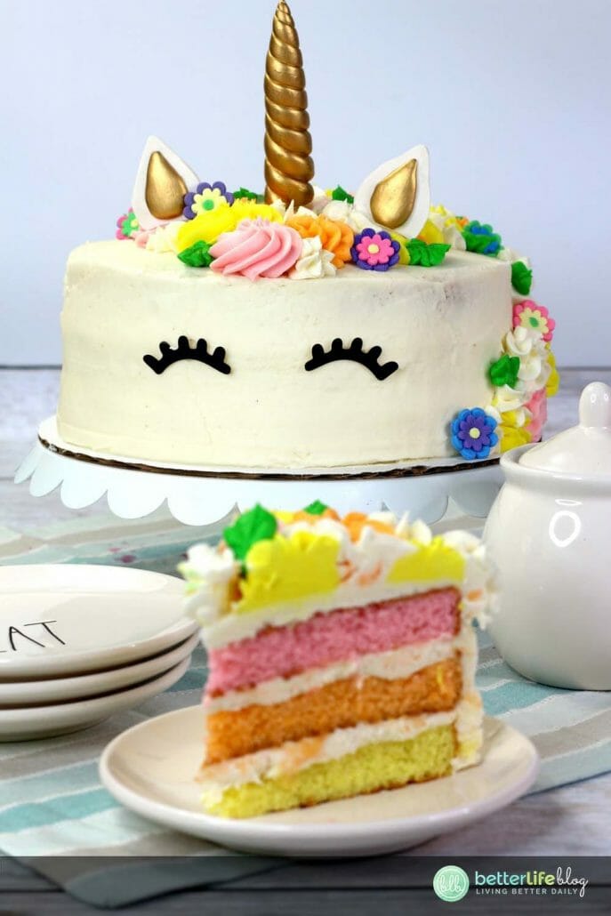 This Easy Unicorn Cake is filled with colorful cake layers and is covered with a delicious homemade frosting. Learn how to make your very own with our easy step-by-step instructions.