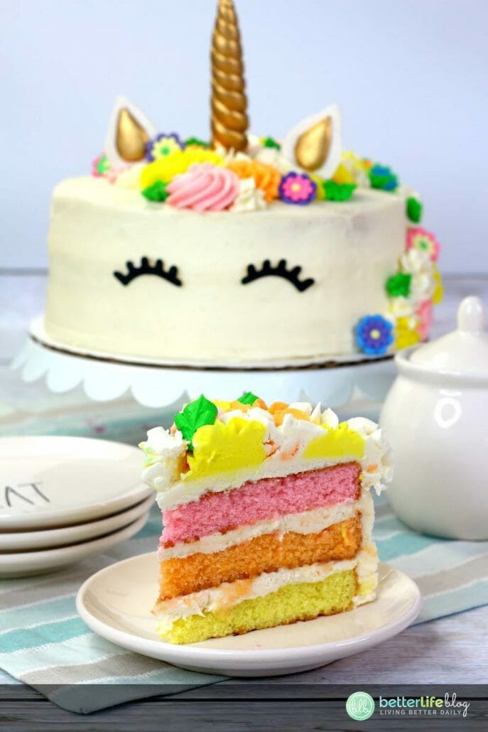 This Easy Unicorn Cake is filled with colorful cake layers and is covered with a delicious homemade frosting. Learn how to make your very own with our easy step-by-step instructions.