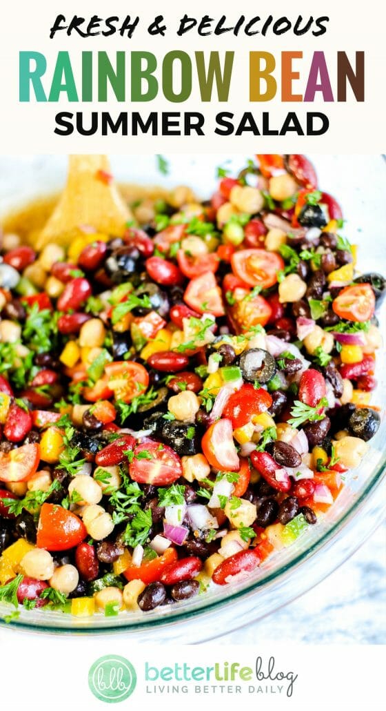 Rainbow Bean Summer Salad - a healthy, high in fiber, vitamins and protein salad that’s full of flavor and beautiful color. Plus, it comes with a recipe for a delicious homemade dressing. Your family will absolutely love this salad!