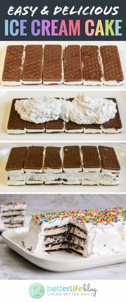 Ice Cream Sandwich Cake - up for a tasty frozen treat? This Ice Cream Sandwich Cake boasts two layers of ice cream sandwiches and is covered with a whipped cream and Oreo topping.