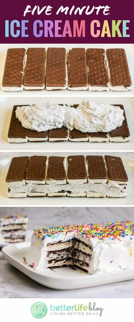 This Ice Cream Sandwich Cake is filled with 12 ice cream sandwiches - it’s absolutely delicious! Plus, it’s generously topped with an Oreo whipped cream topping and sprinkles. It makes for the perfect summer treat!