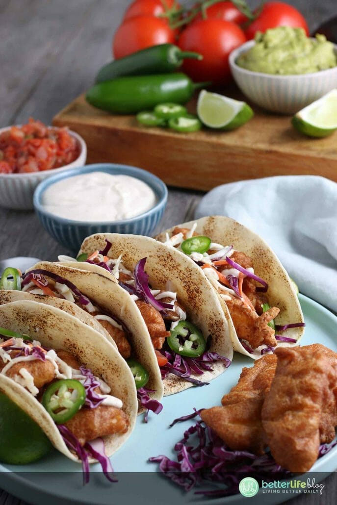 My Delicious Baja Fish Tacos Recipe is one for the books! They’re covered in a homemade batter and fried/crisped to perfection. Every bite is filled with flavor and your family will love them for your weekly Taco Tuesday nights.