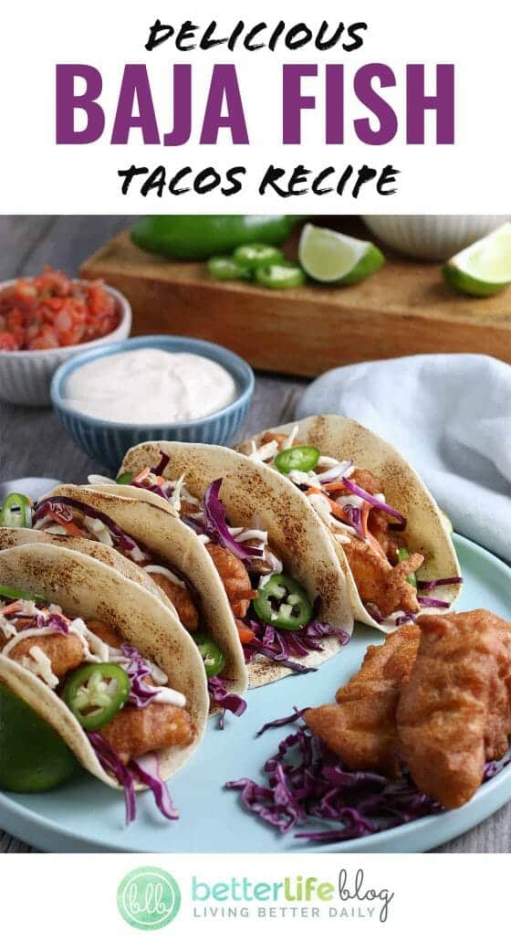 My Delicious Baja Fish Tacos Recipe is one for the books! They’re covered in a homemade batter and fried/crisped to perfection. Every bite is filled with flavor and your family will love them for your weekly Taco Tuesday nights. 