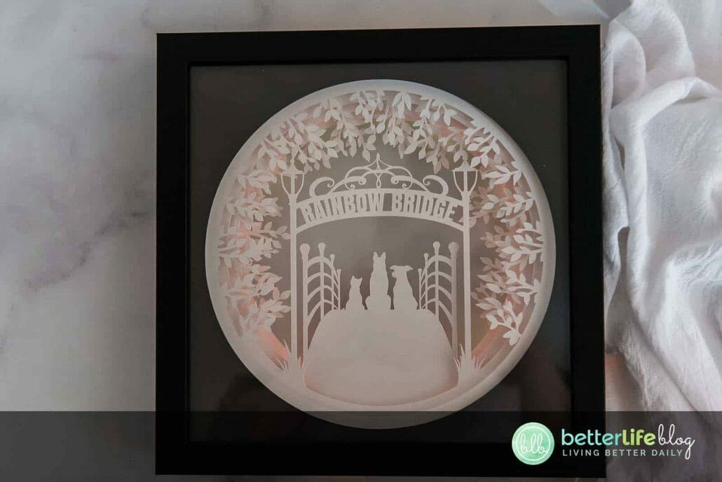 My Cricut Rainbow Bridge Shadow Box is a beautiful way to commemorate the pets that are no longer with us. My Cricut tutorial will show you how to put this gorgeous shadow box together - full of depth and intricate design.