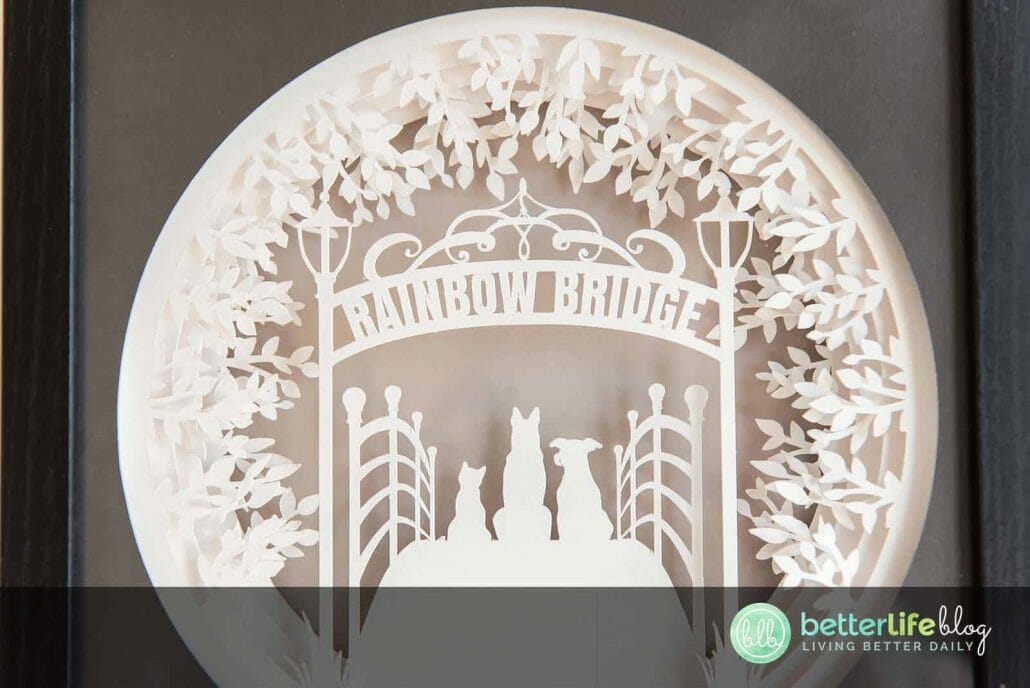 My Cricut Rainbow Bridge Shadow Box is a beautiful way to commemorate the pets that are no longer with us. My Cricut tutorial will show you how to put this gorgeous shadow box together - full of depth and intricate design.