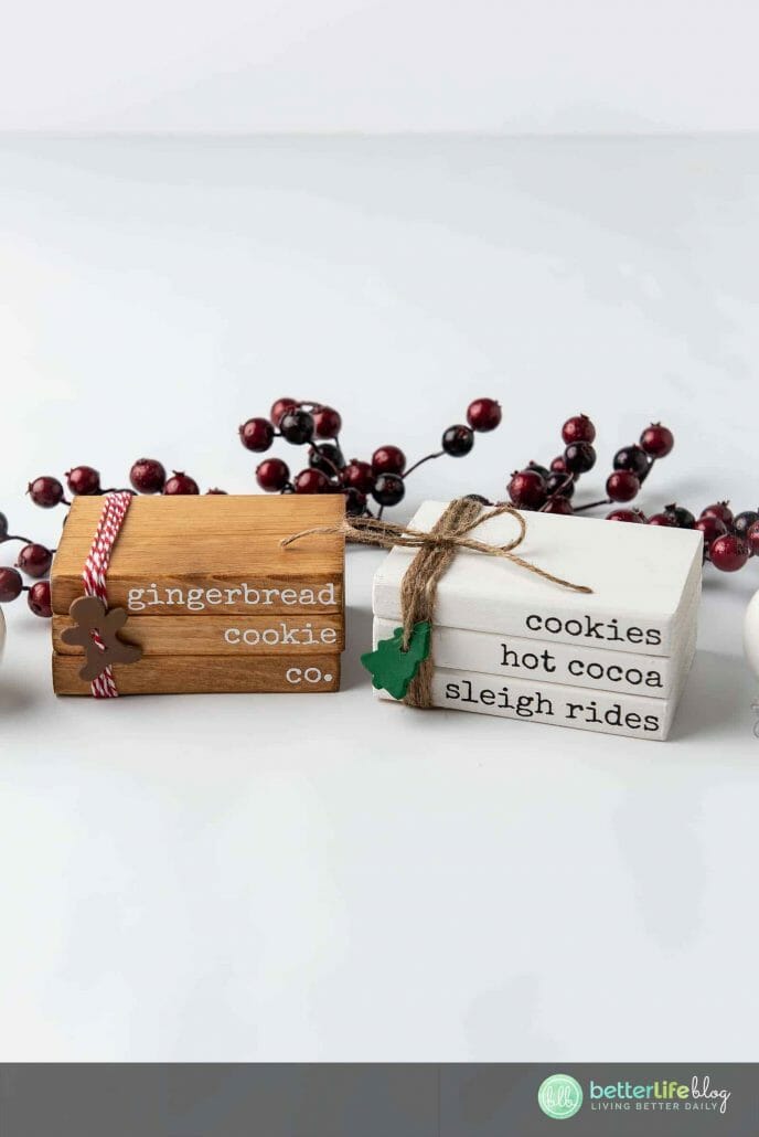These Christmas Stamped Books are made with the help of a Cricut machine. They give off a farmhouse-style flair and are really easy to put together.