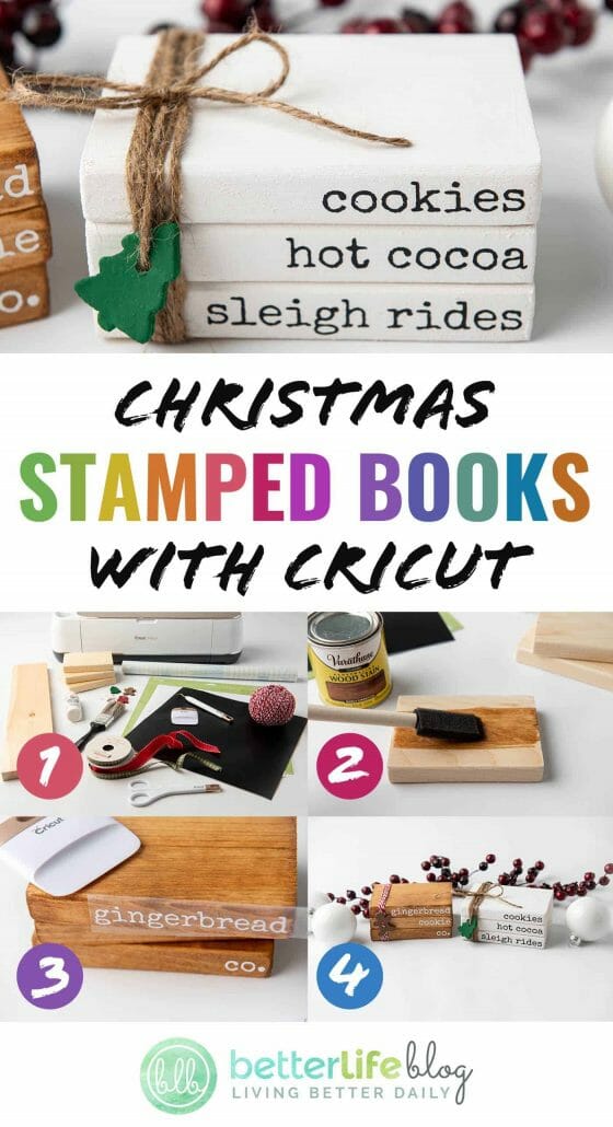These Christmas Stamped Books are made with the help of a Cricut machine. They give off a farmhouse-style flair and are really easy to put together.