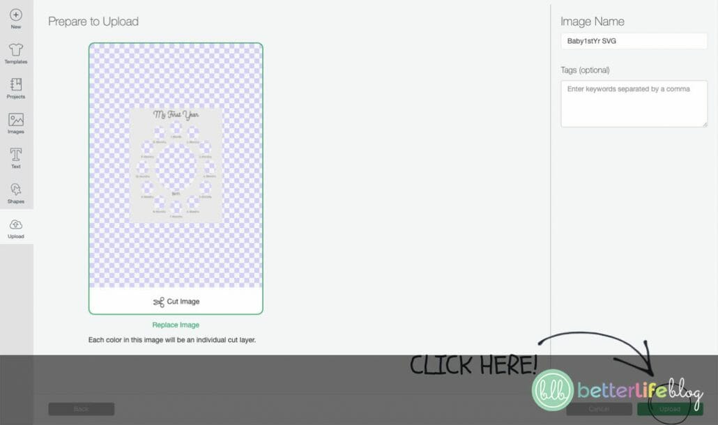 Screenshots for a step-by-step tutorial on making a Baby Milestone Frame with a Cricut machine
