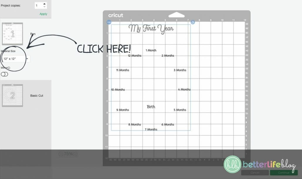 Screenshots for a step-by-step tutorial on making a Baby Milestone Frame with a Cricut machine