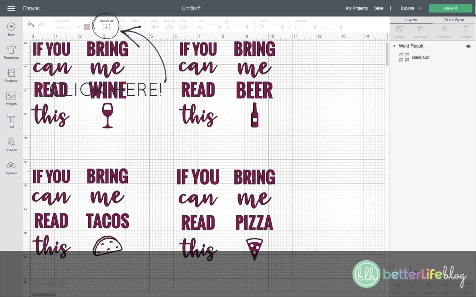 A screenshot of Cricut’s Design Space as a part of a Taco Socks tutorial