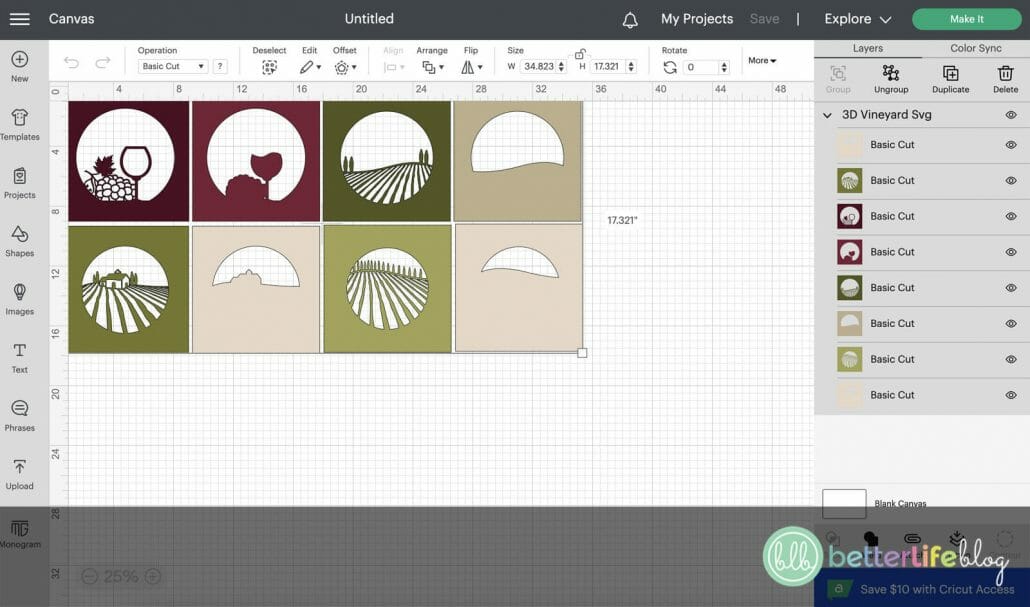 Screenshot for uploading our vineyard SVG file on Cricut's Design Space