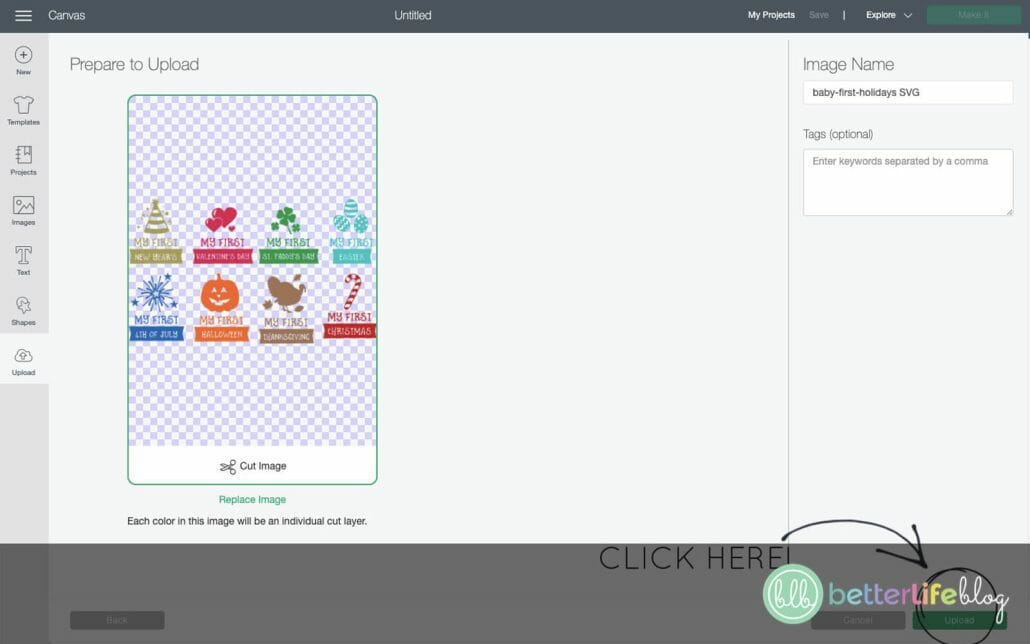 A screenshot of Cricut’s Design Space to showcase our latest Baby Bib tutorial