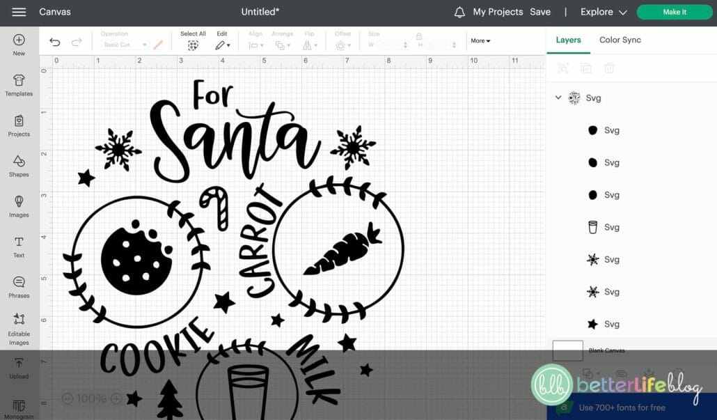 Screenshots from Cricut Design Space to upload a Christmas SVG by Better Life Blog