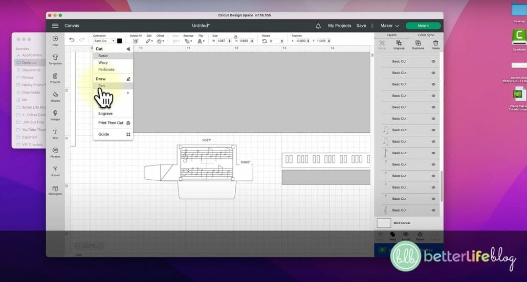 Screenshot of Cricut Design Space for a tutorial on how to make a Grand Piano Pop-Up Card