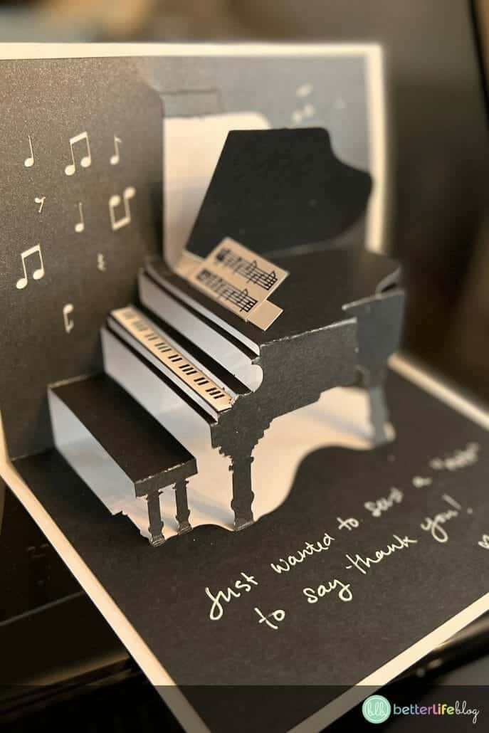 This easy-to-make piano pop-up card is perfect for the music connoisseur in your life. Make it with the help of your trusty Cricut or Silhouette. This card makes for a great gift for any occasion!