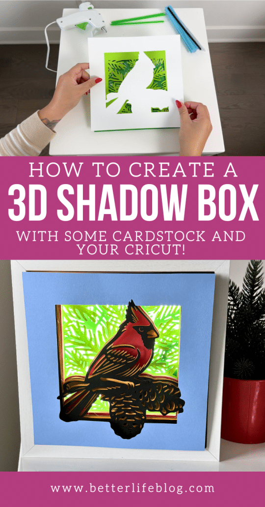 Looking for unique holiday Cricut projects? This Cardinal Shadow Box is the perfect DIY craft for Christmas! Layered cardstock, a little glue, and an SVG file bring this 3D festive design to life. Add it to your holiday décor or gift it to a loved one!