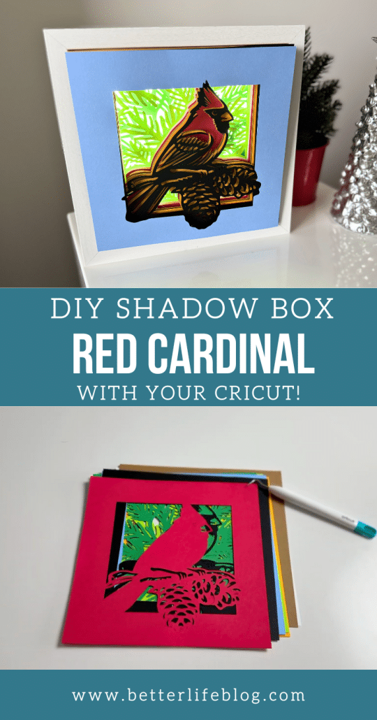 Looking for unique holiday Cricut projects? This Cardinal Shadow Box is the perfect DIY craft for Christmas! Layered cardstock, a little glue, and an SVG file bring this 3D festive design to life. Add it to your holiday décor or gift it to a loved one!